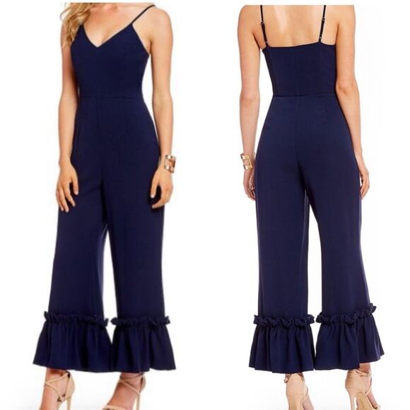 Gianni Bini Navy Blue Ruffle Hem Wide Leg Jumpsuit 0 - Picture 1 of 12